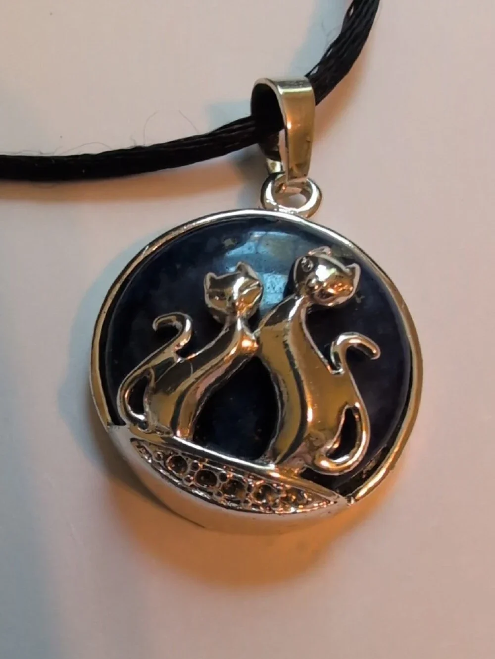 Silver Cat Duo Pendant Necklace in Black by